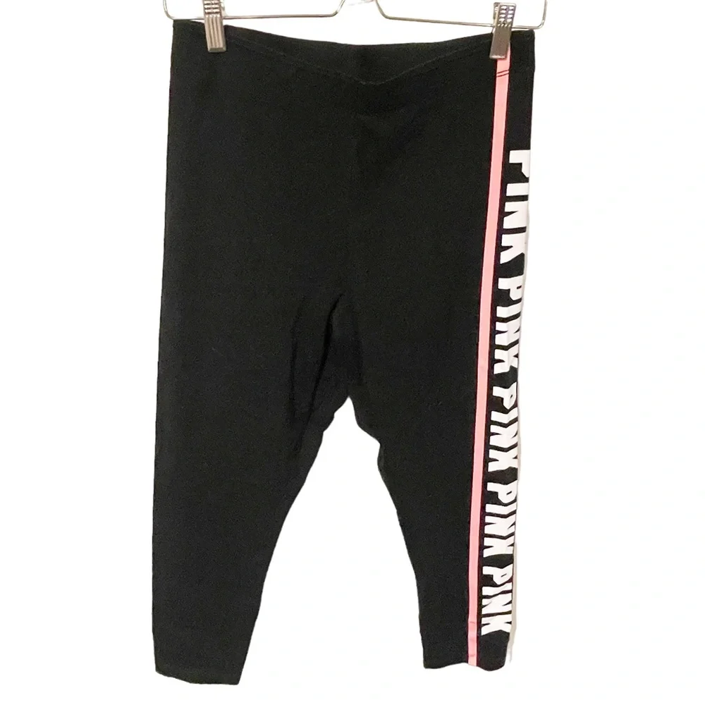 Victorias Secret Pink Size Large Black Spellout Cropped Leggings Athletic